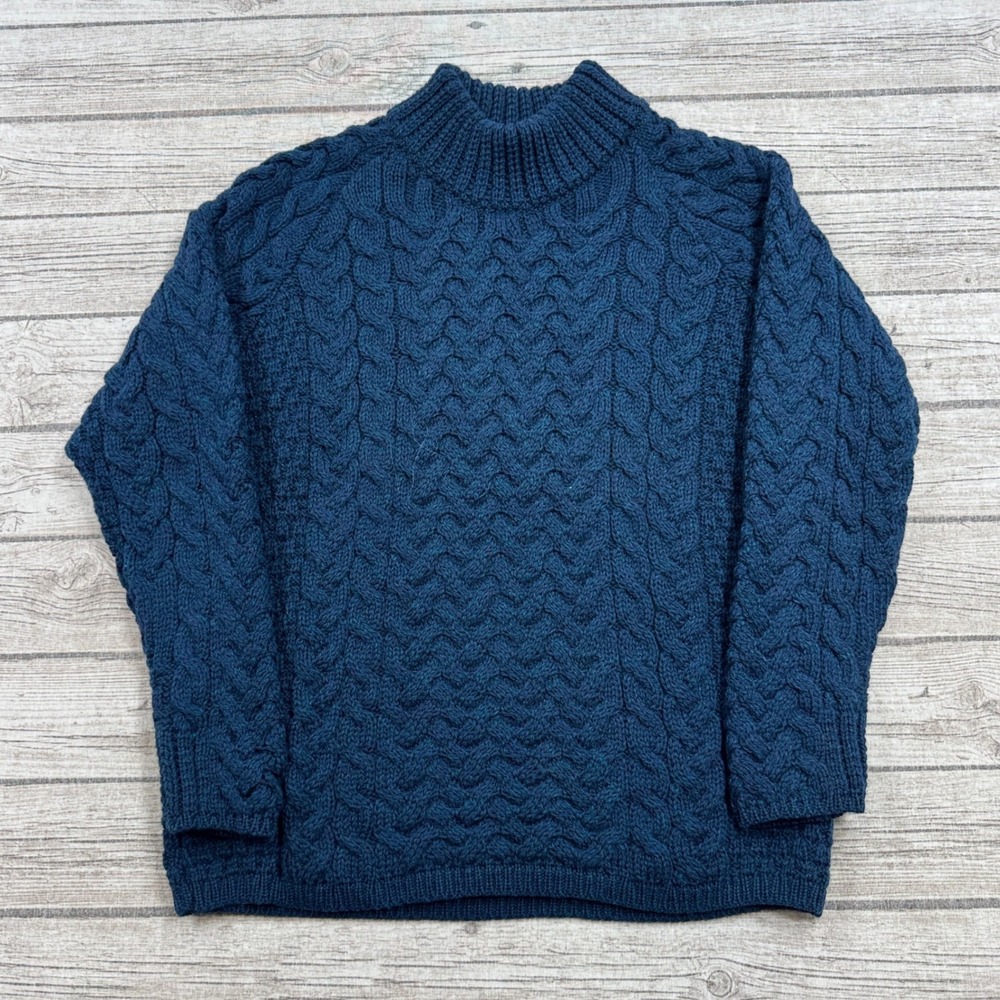 Vintage 90s Aran Sweater Men's XL Blue Wool Mockneck Chunky  Cable Knit Ireland